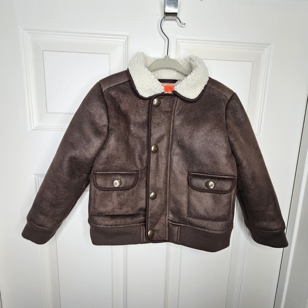 Joe Fresh Boys Shearling Jacket Size 3T Aviator Coat Brown Cream Sherpa Lined